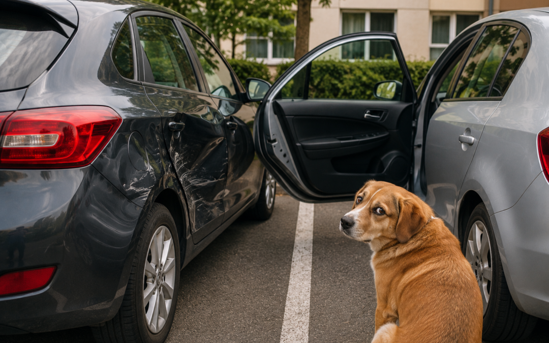 Ceci est une image pour illustrer l'article du blog assurance auto du comparateur lesdindons.com ayant pour titre : " Mon voisin a ouvert sa portière et a rayé ma voiture : qui paie ?". On y voit une illustration représentant deux voitures sur un parking avec l'une qui a la portière ouverte dans l'autre et un chien qui regarde d'un air coupable.